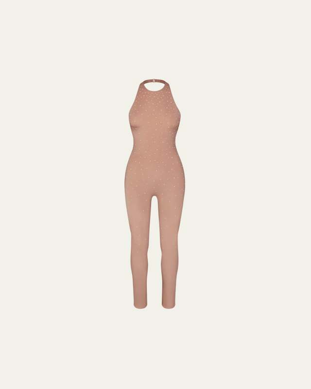 Jelly Sheer Crystal-Embellished Halter Catsuit